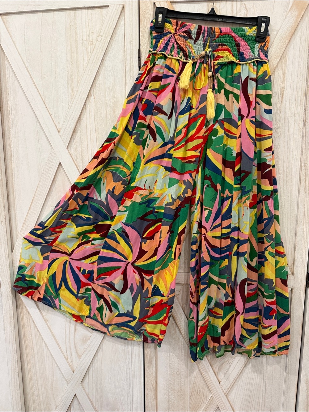 Multicolor Tropical Wide-Leg Pants with Smocked Waist